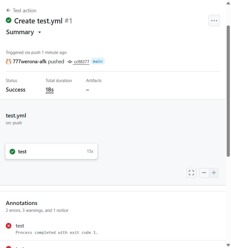 Успешный запуск Test action
